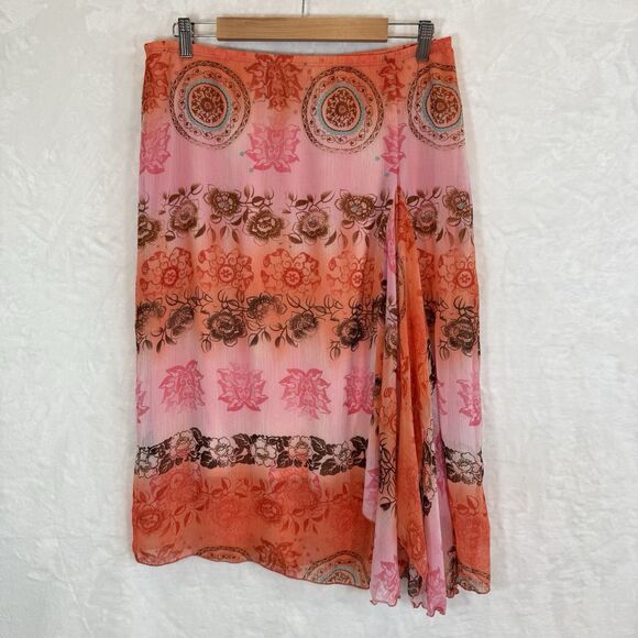 Y2K Southwestern Midi Skirt MDL New York Floral Pink Orange Stretch L - Picture 1 of 6